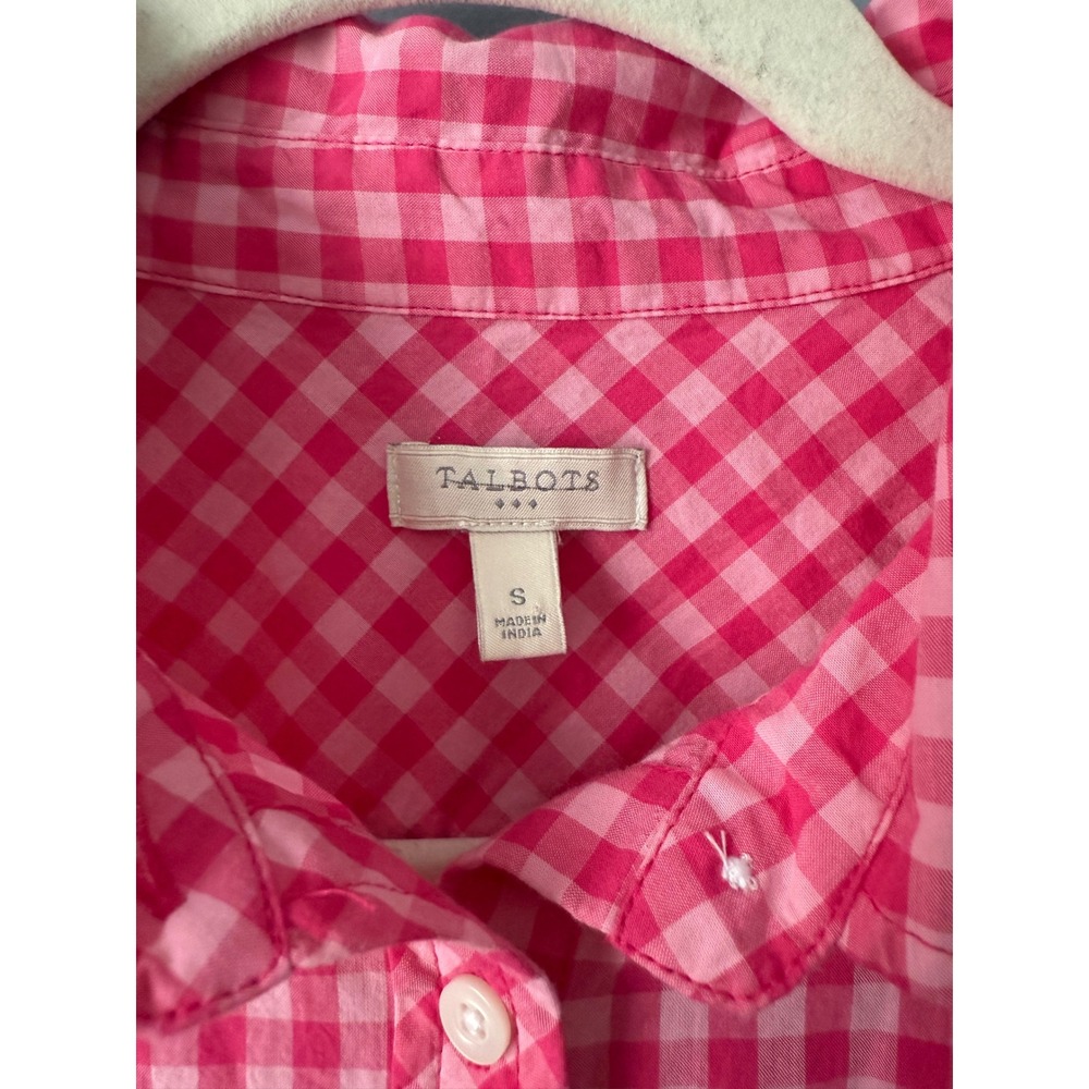 Talbots Pink Gingham Button Up Shirt Long Roll Tab Sleeve 100% Cotton Size Small - Picture 2 of 8